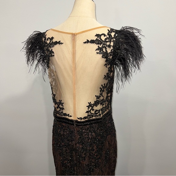 Mac Duggal Black Faux Feather Illusion Neckline & Back Full Length Mermaid Gown - Picture 12 of 17